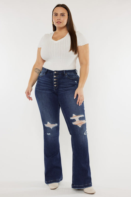 Plus Mid Rise Distressed Flare Jean