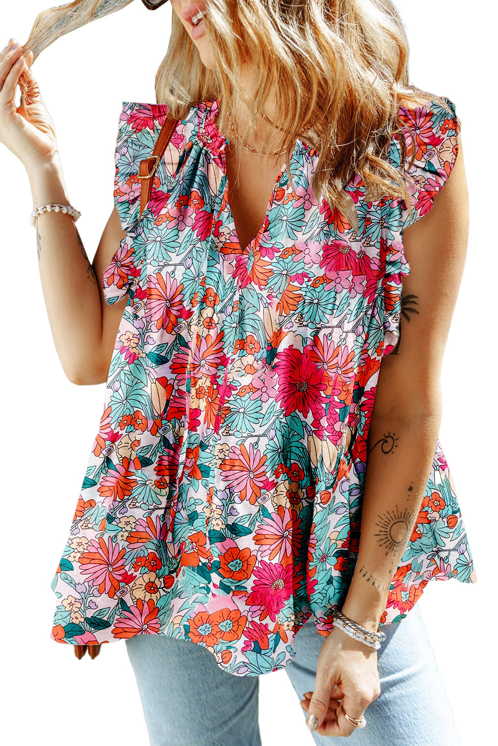 Floral Print Drawstring V Neck Tank Top